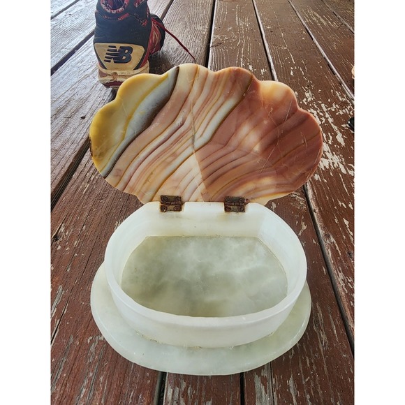 Vintage Onyx Marble Clam Shell‎ Footed Jewlelry Box Hinged Rare - Picture 3 of 10